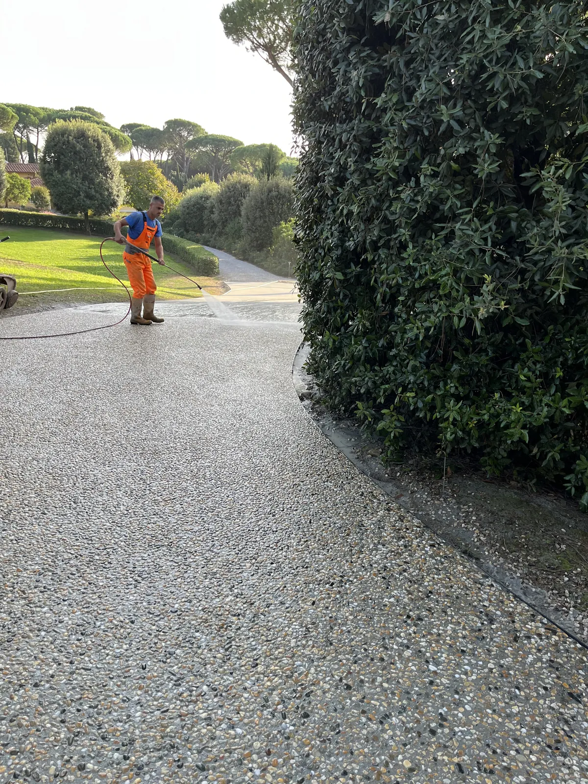 Lavaggio di un vialetto in sasso lavato lungo una siepe